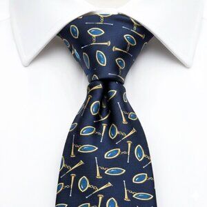 Gucci Silk Tie Italy Made Vintage Horsebit Blue Gold Starter Horn Horse Racing